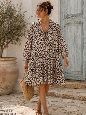 Hudson North Leopard Print Dress 1X Neutral Boho Cottagecore Tunic Summer Chic